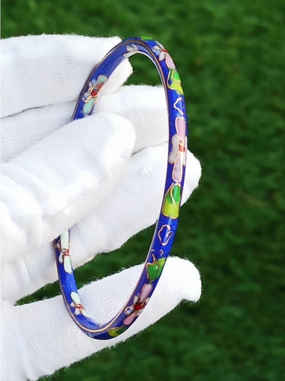 Blue Cloisonné Floral Bangle Bracelet - Women's Jewelry